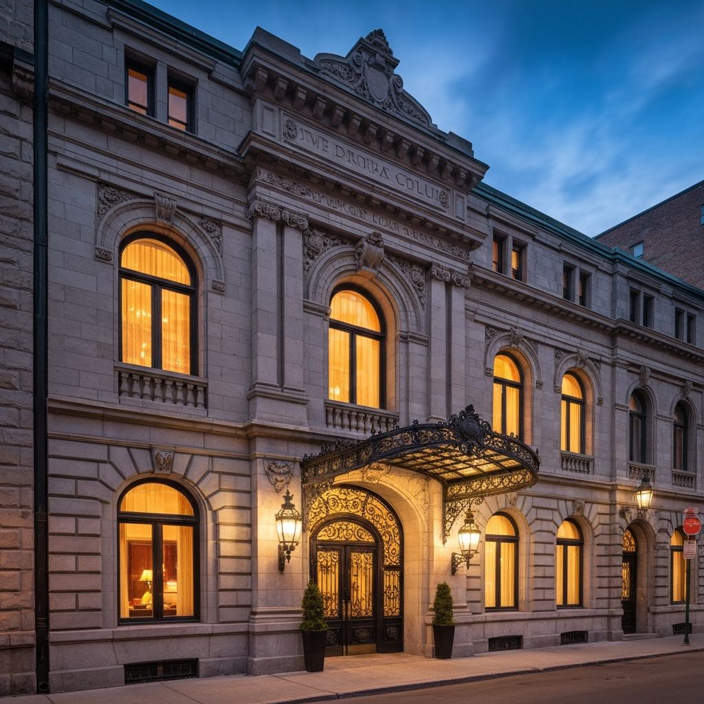 Facade historique du Mansfield au crépuscule